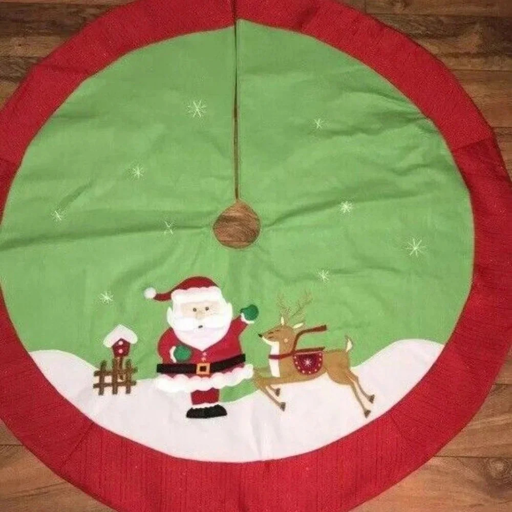 North Pole Santa & Reindeer Applique Christmas Tree Skirt